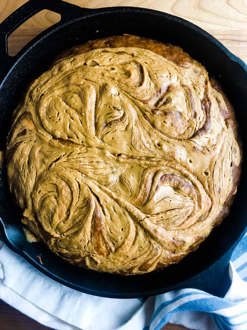 Peanut Butter Banana Bread in a cast iron skillet. 