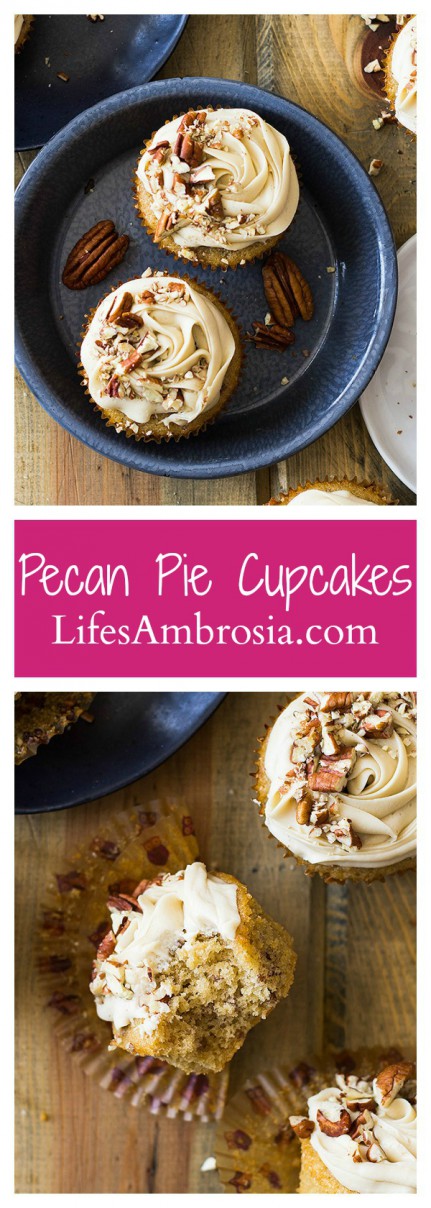 These Pecan Pie Cupcakes are light, fluffy, moist and studded with pecans. Then topped with a creamy pecan pie frosting!