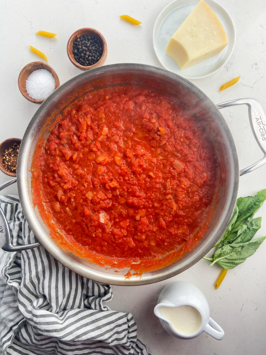 Vodka sauce in stainless steel pan.