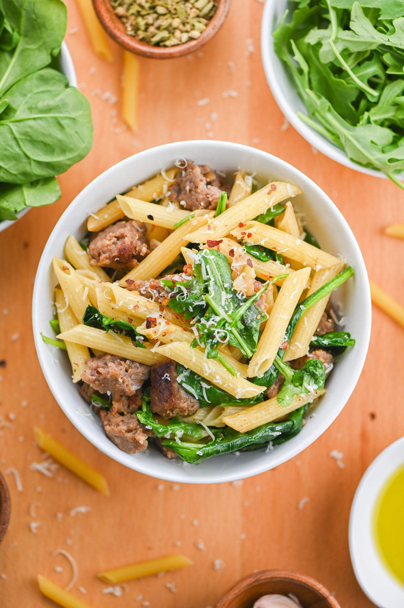 Sausage Arugula and Spinach Pasta Recipe | Life's Ambrosia