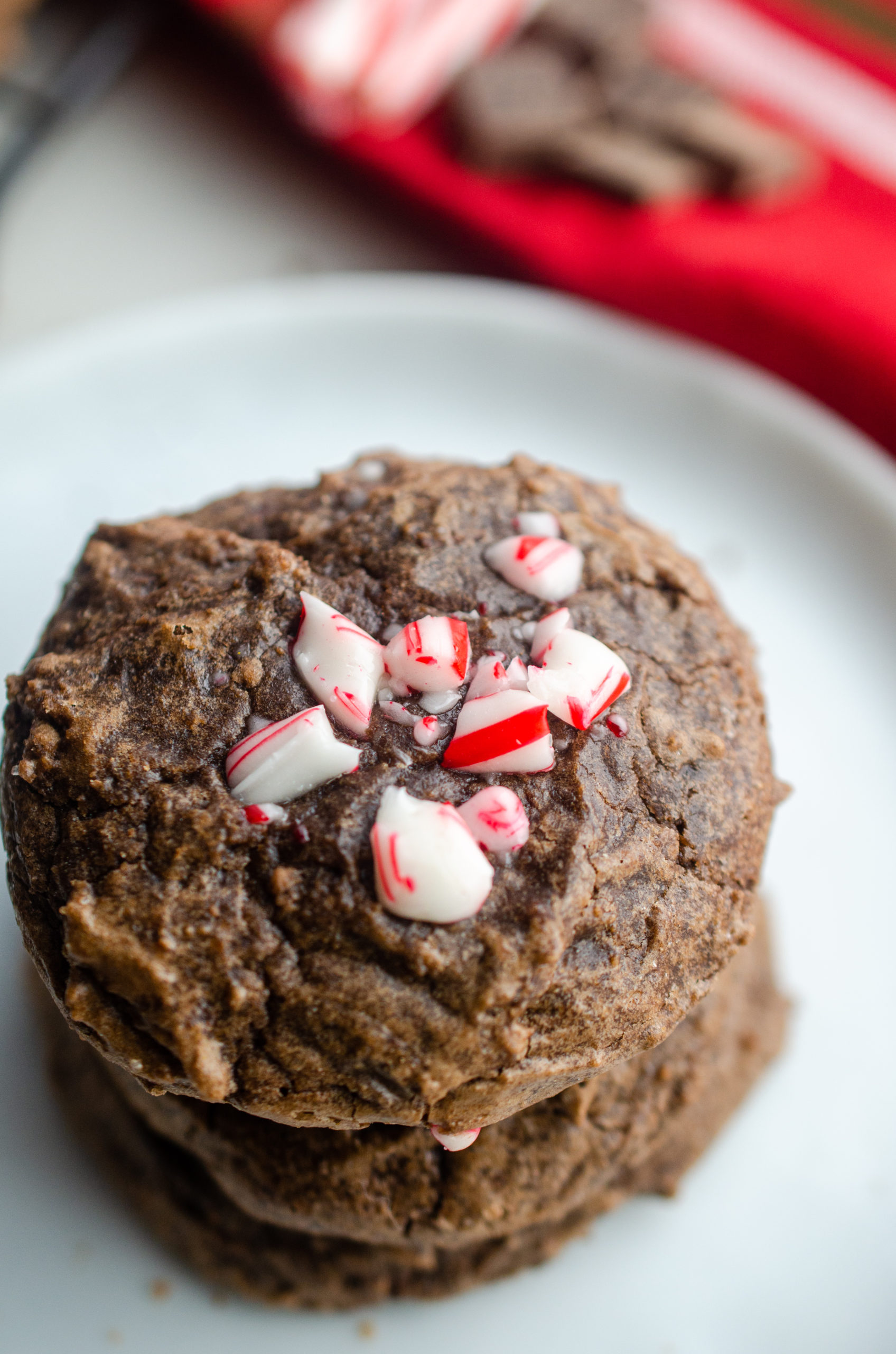 stack of peppermint brownie cookies on a plate. 