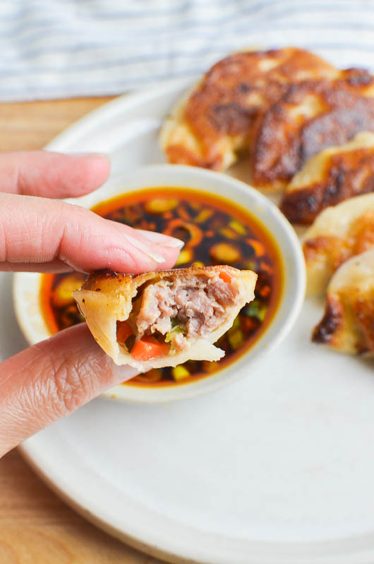 Inside of pork potstickers. 