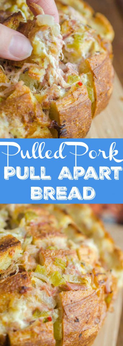 #ad  Pulled Pork Pull Apart Bread is loaded with succulent delicious pulled pork, cheese, chiles and onions. It’s the perfect cheesy snack for game day!