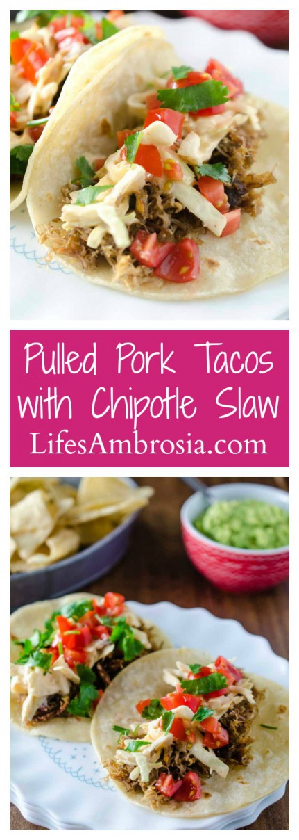 These Pulled Pork Tacos with Chipotle Slaw are packed full of flavor and a great addition to your Taco Tuesday!