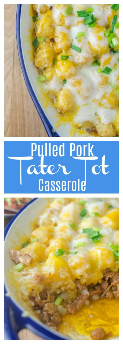 #AD Quick and easy Pulled Pork Tater Tot Casserole is loaded with baked beans, pulled pork and two cheeses. This casserole is perfect for busy weeknights.