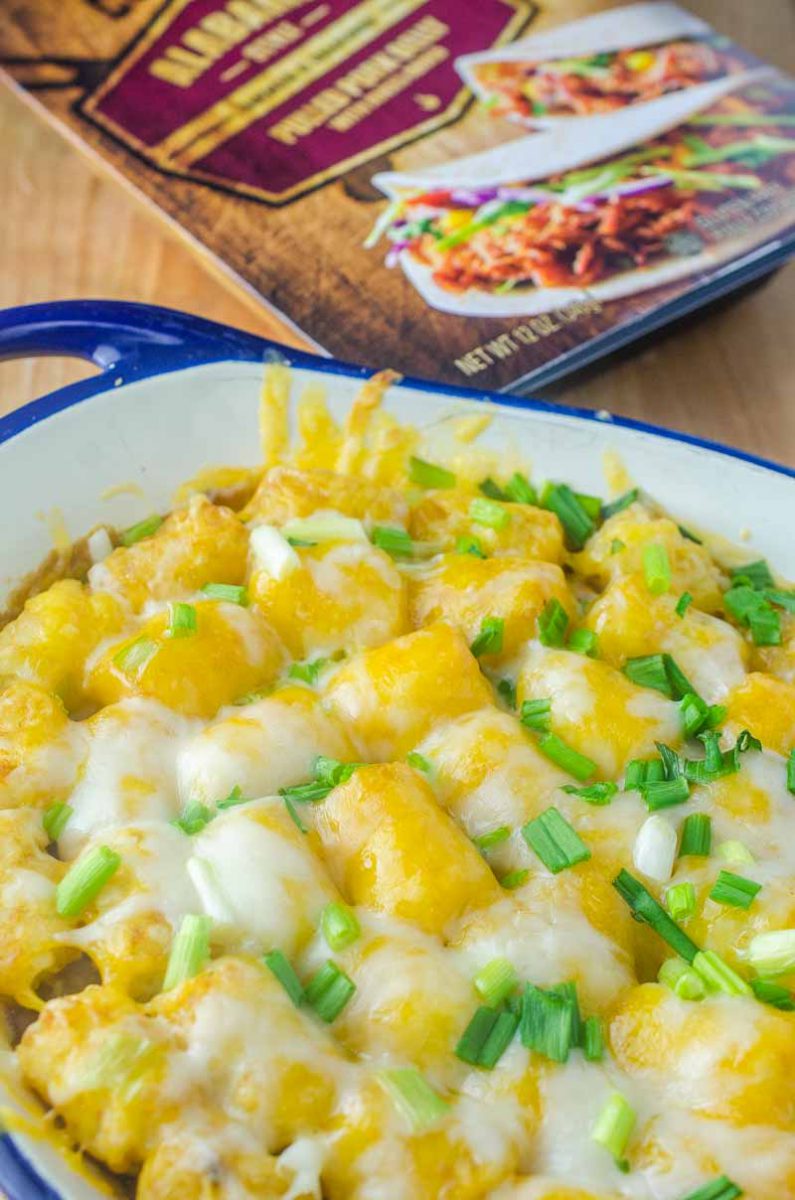 Quick and easy Pulled Pork Tater Tot Casserole is loaded with baked beans, pulled pork and two cheeses. This casserole is perfect for busy weeknights.