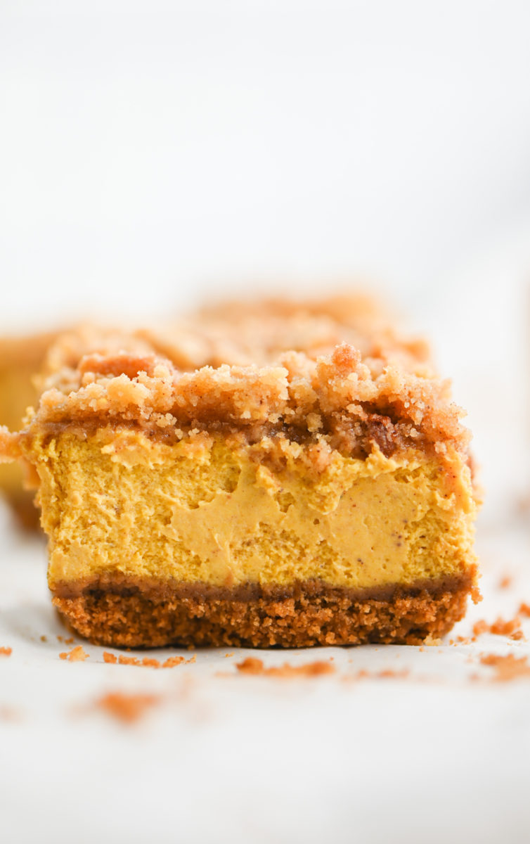 Close up of pumpkin cheesecake bar. 