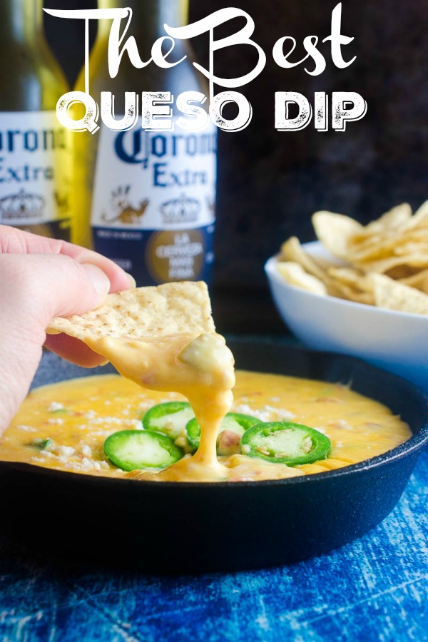 The BEST queso dip! Queso dip with three cheeses. Perfect for parties, tailgating and BBQs. The whole family will love it! #cheese #quesodip #dip 
