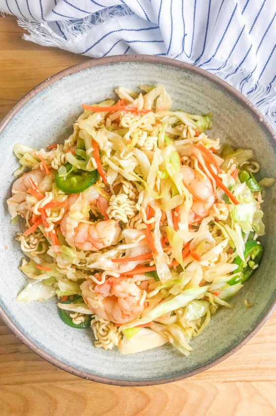 Shrimp ramen noodle salad is a quick and easy dinner recipe with a sweet and spicy kick of flavor.