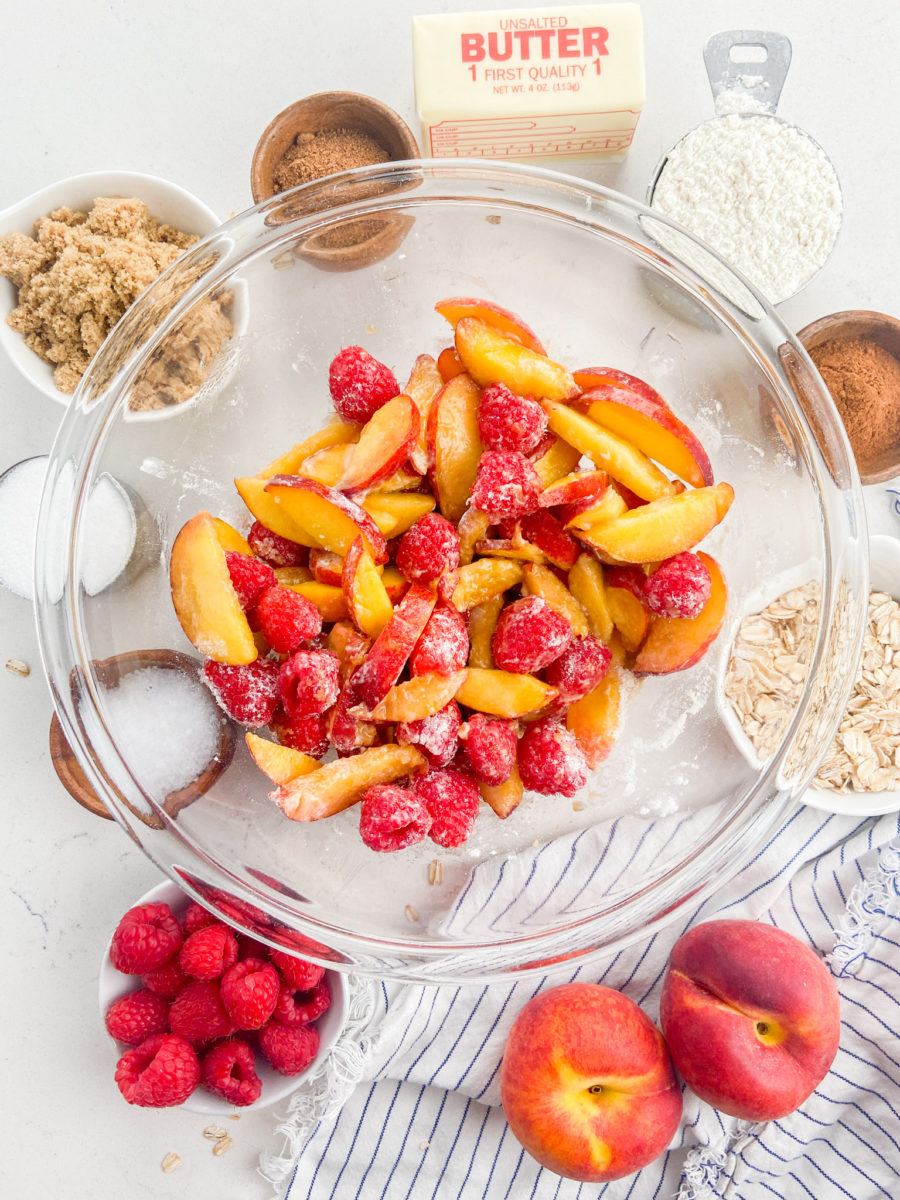 Raspberry Peach Crisp Filling in glass bowl. 