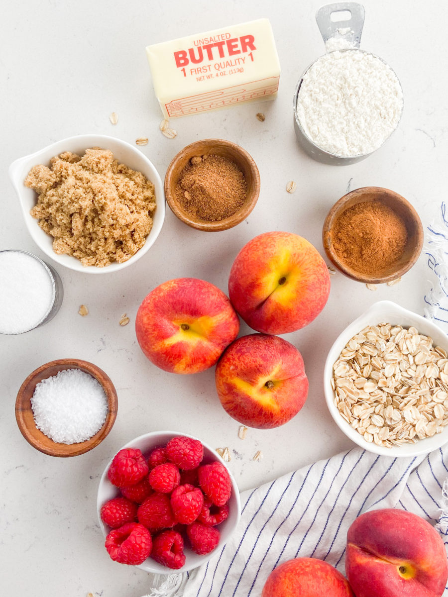 Raspberry Peach Crisp ingredients on white background. 