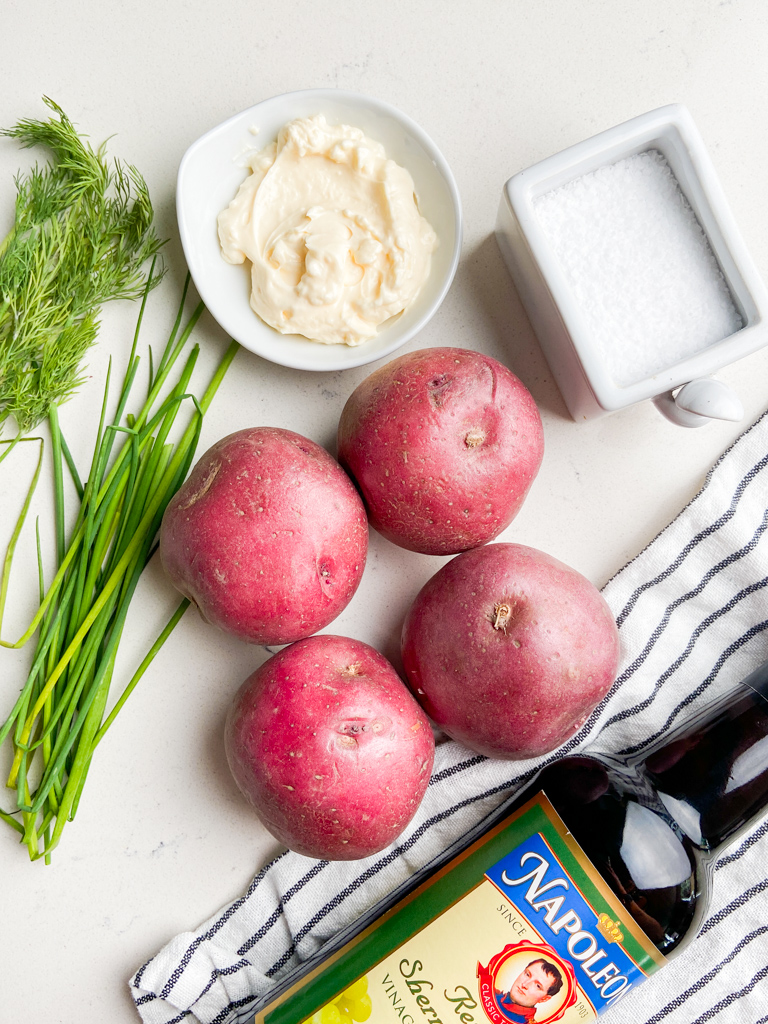 Overhead photo of ingredients used to make red potato salad. 