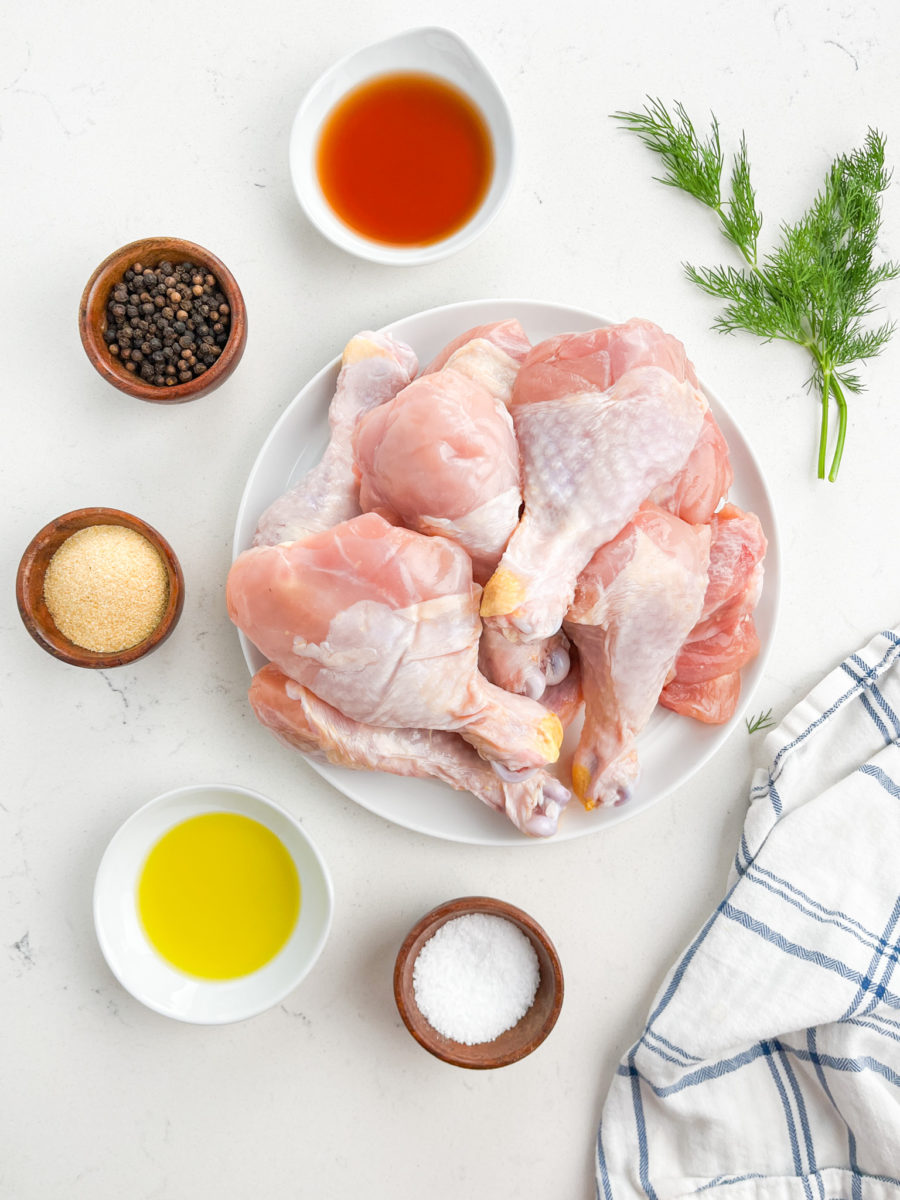 Roasted Chicken Drumsticks ingredients on white background. 