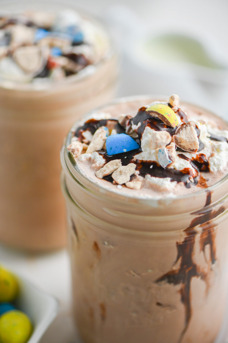 Robin Egg Chocolate Milkshake in mason jar. 