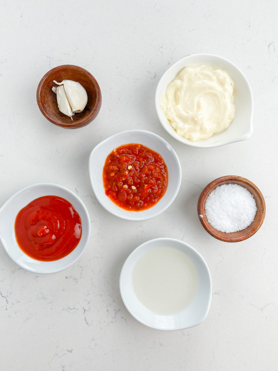 Spicy Fry Sauce Ingredients on a white background. 