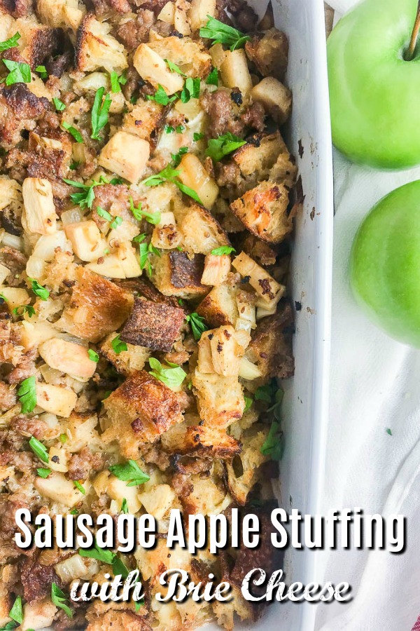 Apple Sausage Stuffing is the perfect twist on the comfort food staple. Loaded with tart apples, country sausage and creamy brie, it's sure to be a hit with everyone!  #stuffing #thanksgiving #sidedish #christmas