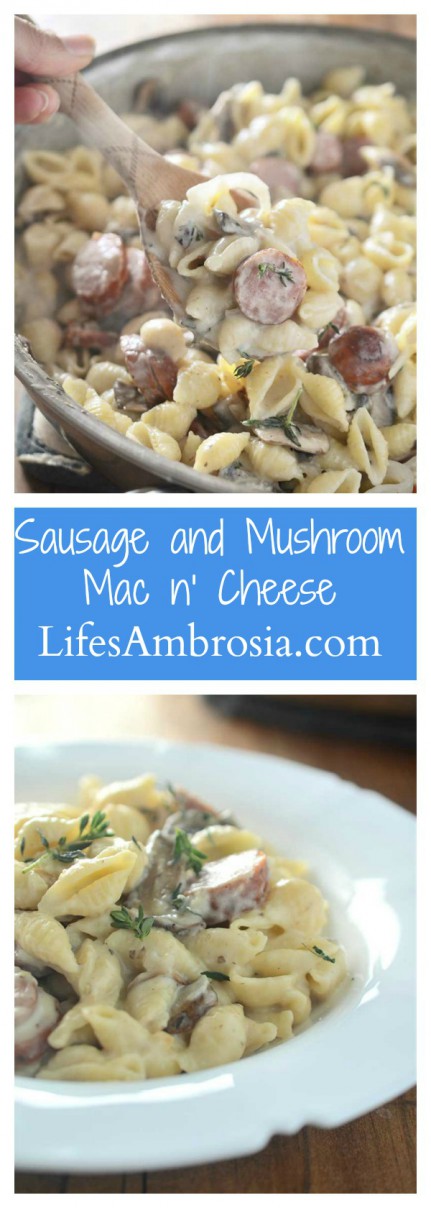 Dinner doesn't get more comforting than this Sausage and Mushroom Mac n' Cheese. This pasta is loaded with smoky sausage, mushrooms, swiss cheese and thyme. It's the perfect fall dinner! 