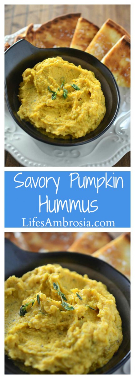 A savory pumpkin hummus with pumpkin, garlic, thyme and rosemary. The perfect dip for holiday get togethers!