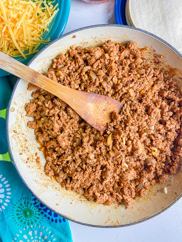 Overhead photo of seasoned taco meat. 