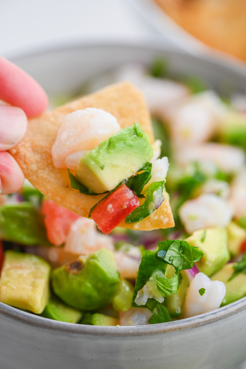 Tortilla chip scooping up shrimp ceviche. 