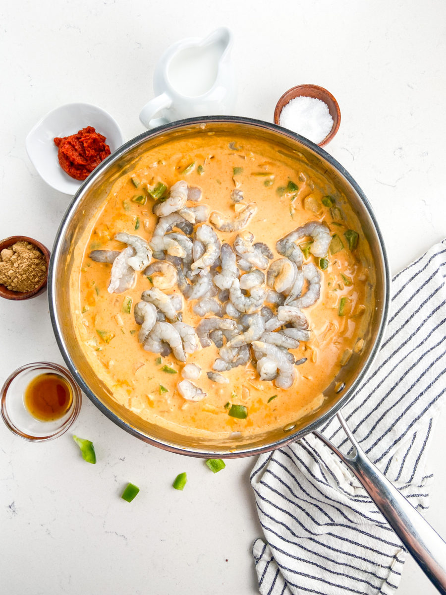 Shrimp curry in pan.