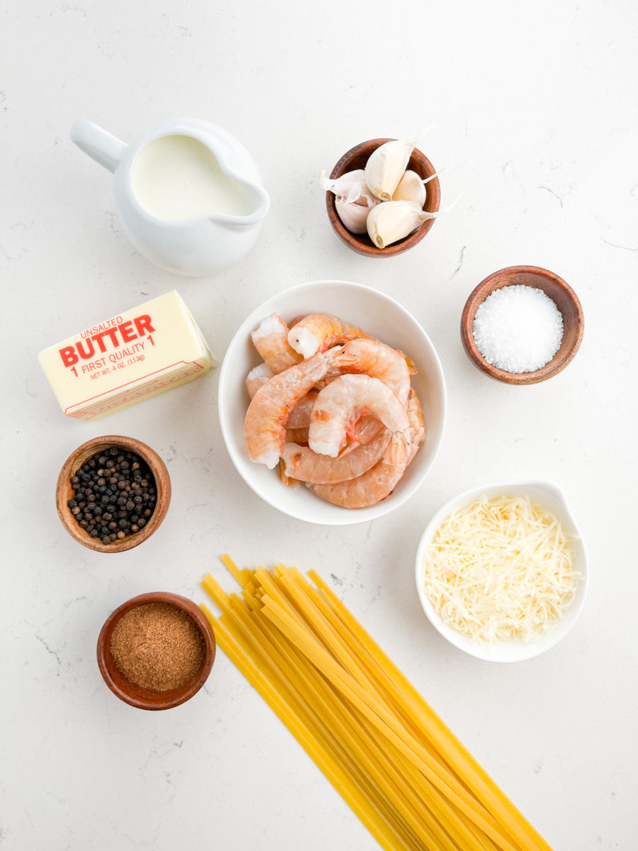 Shrimp Fettuccine Alfredo ingredients on white background. 
