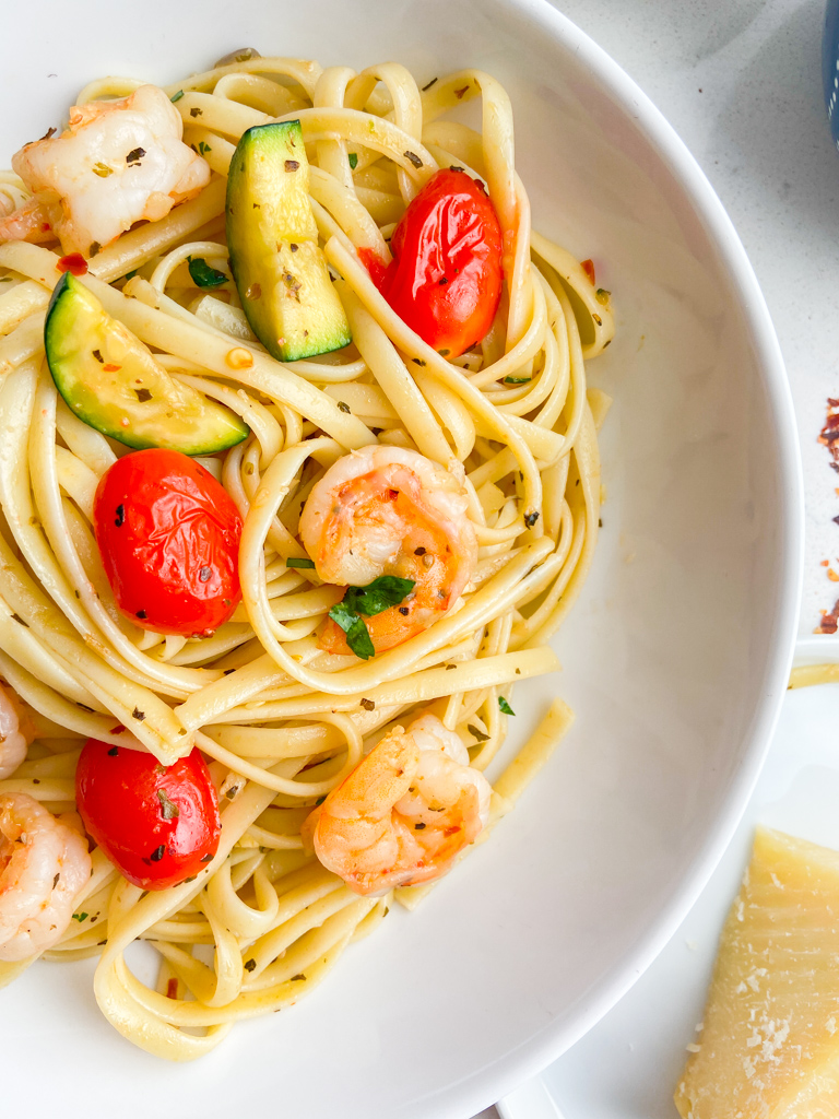 Overhead photo of shrimp linguine