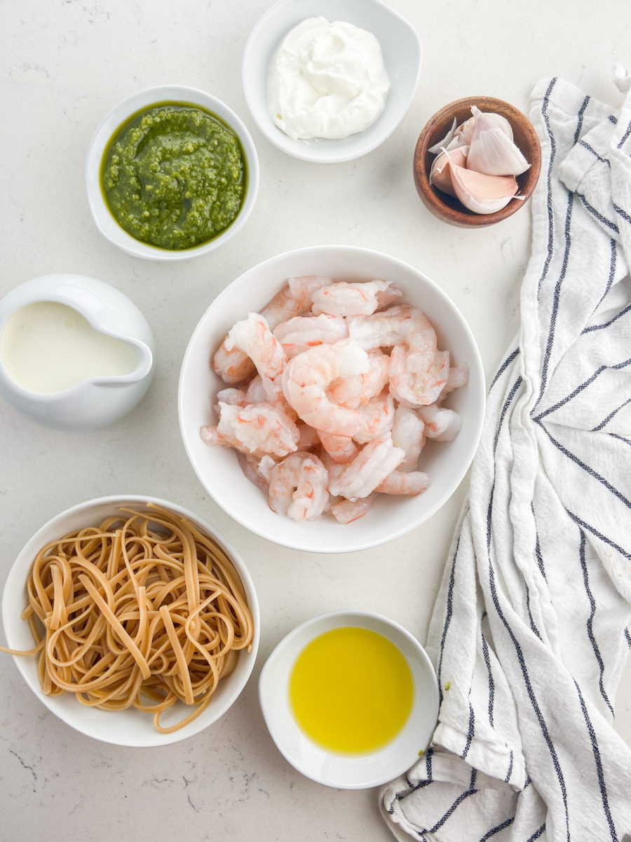 Overhead photo of Shrimp Pesto Pasta Ingredients. 