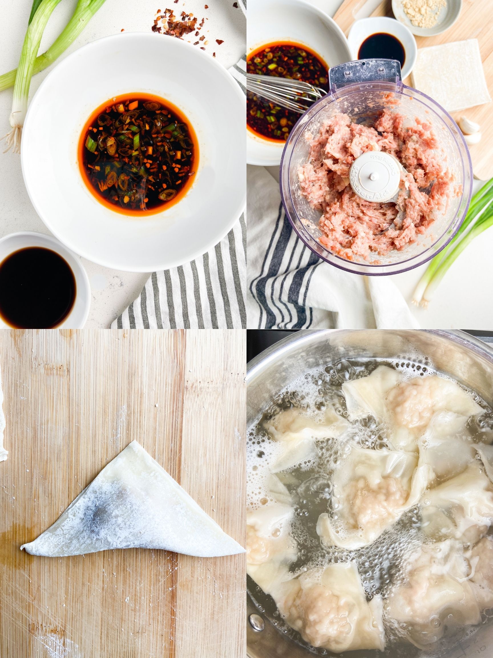 A collage of 4 Step by step photos showing how to make pork wontons in spicy sauce. 