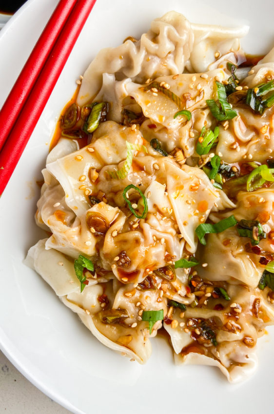 Shrimp and Pork Wontons in Spicy Sauce