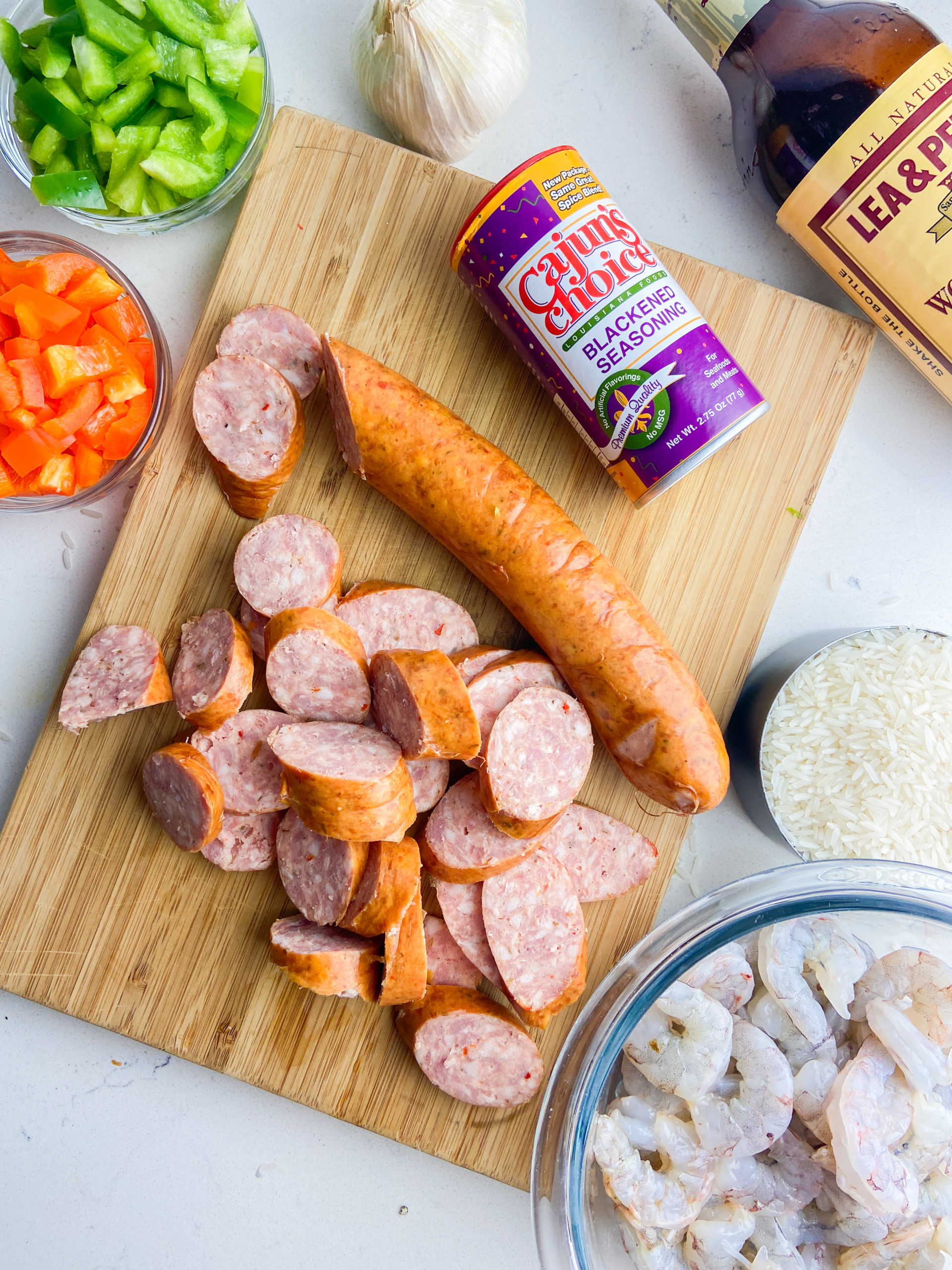 Ingredients needed for shrimp and sausage jambalaya. 