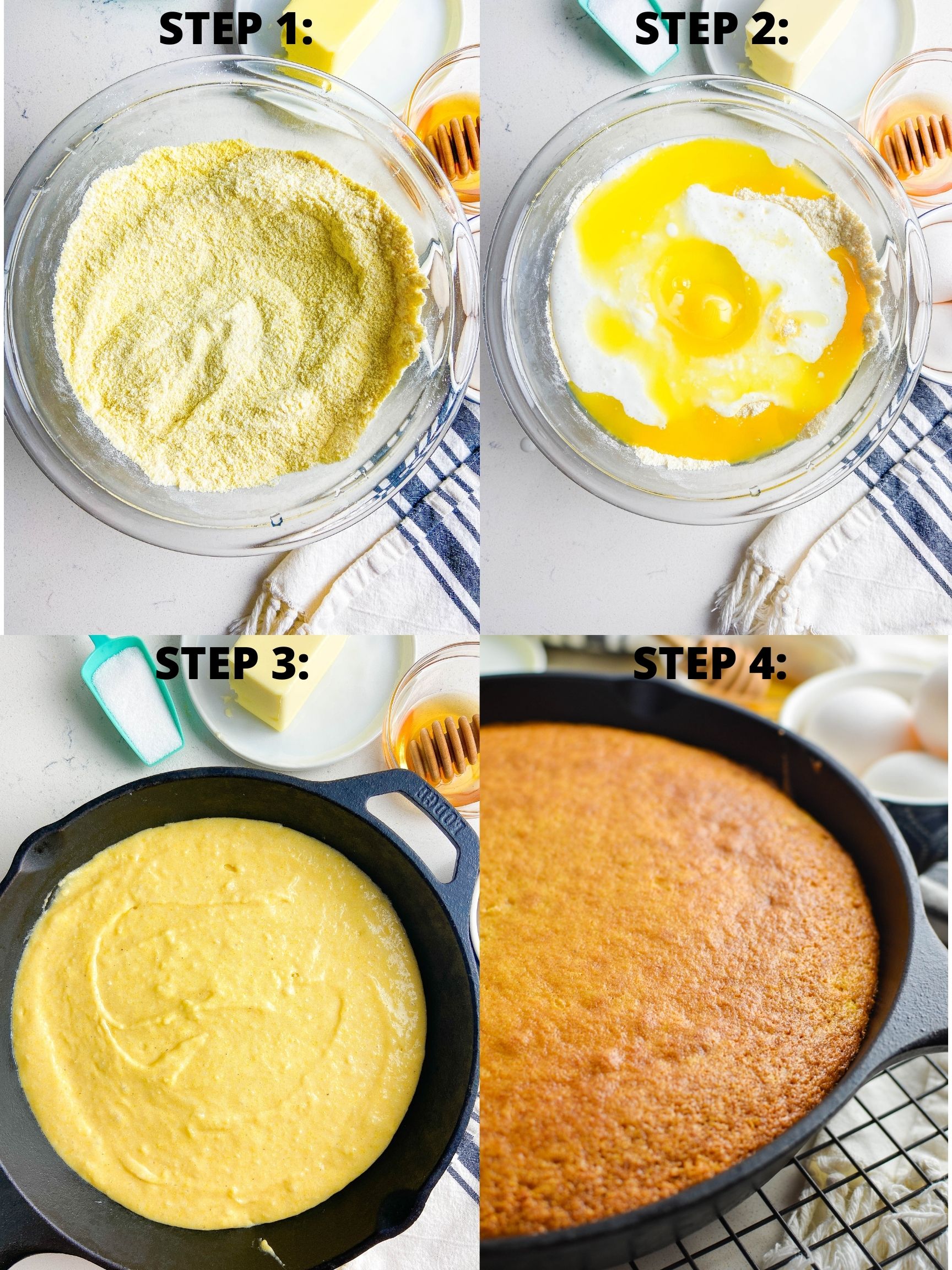 Step by step photos showing how to make skillet cornbread. 