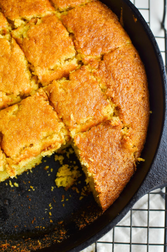 Overhead photo of sliced skillet corn bread.