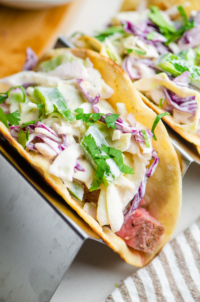 Close up photo of steak tacos. 