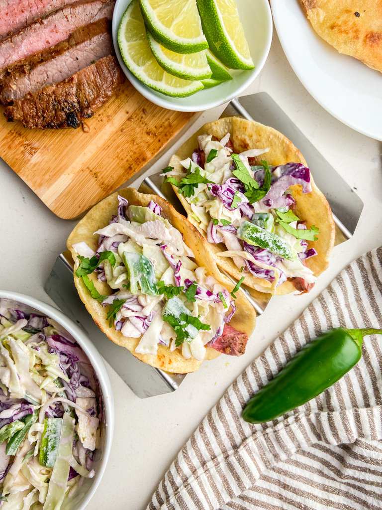 Overhead photo of steak tacos 