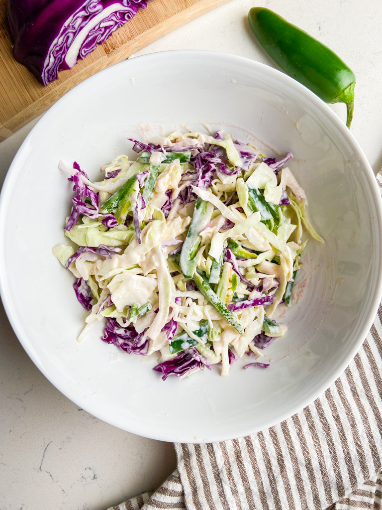 Overhead photo of jalapeno coleslaw. 