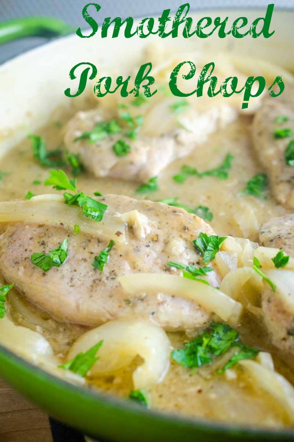 Smothered Pork Chops are a classic for a reason! These sage rubbed pork chops are pan fried and simmered in a savory onion gravy. It's comfort food at it's finest!  #ad #porkchops #pork #easydinner #30minutemeal