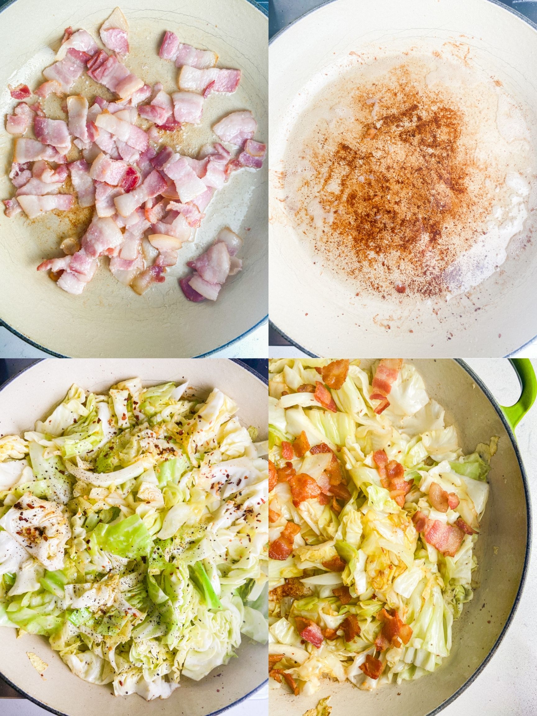 4 step by step photos showing how to cook fried cabbage with bacon. 