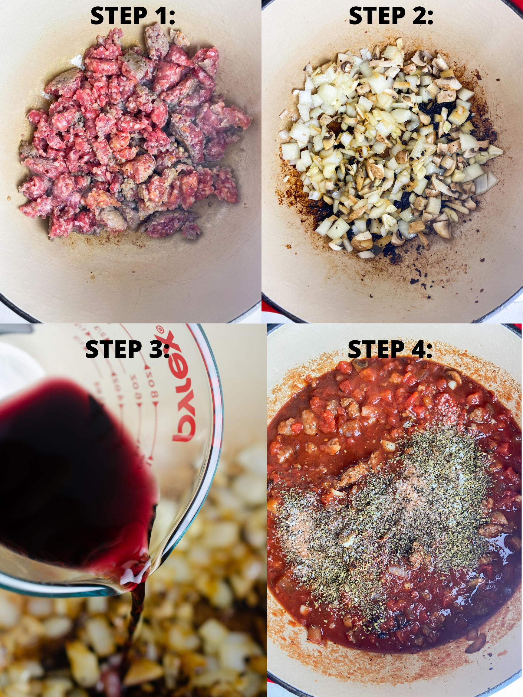 Step by step photos showing how to make meat sauce. 