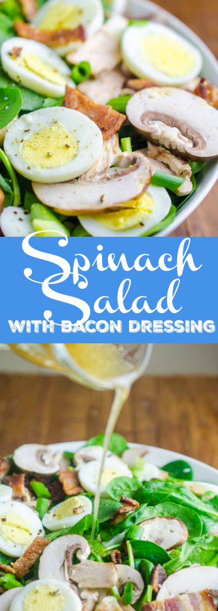 Spinach Salad with Bacon Dressing is a classic for a reason. Fresh spinach tossed with mushrooms, crispy bacon, hard boiled eggs and tossed with a warm bacon dressing. 