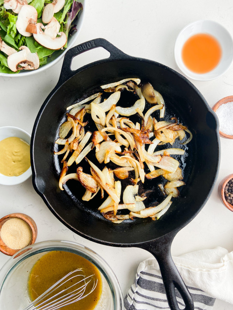 Caramelized onions in cast iron skillet. 