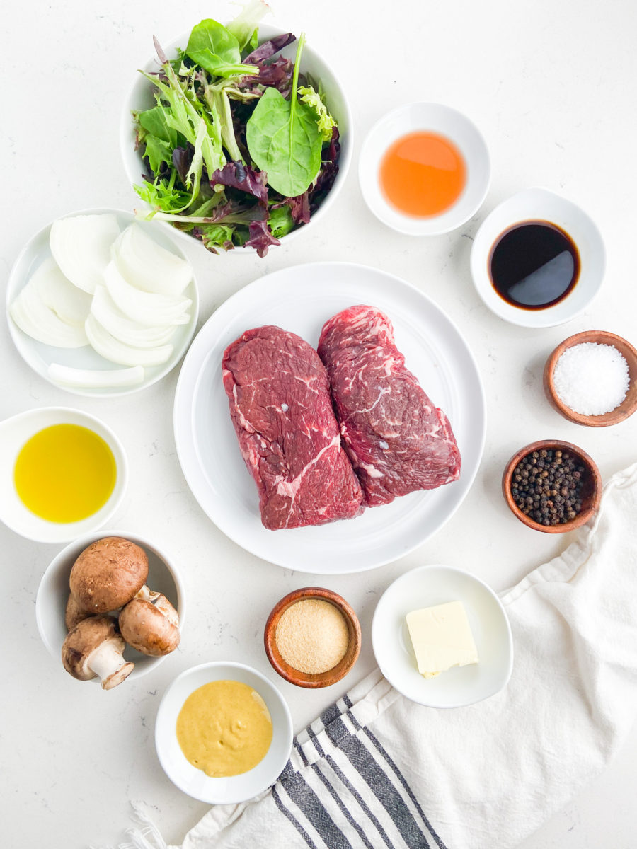 Steak salad ingredients on white background. 