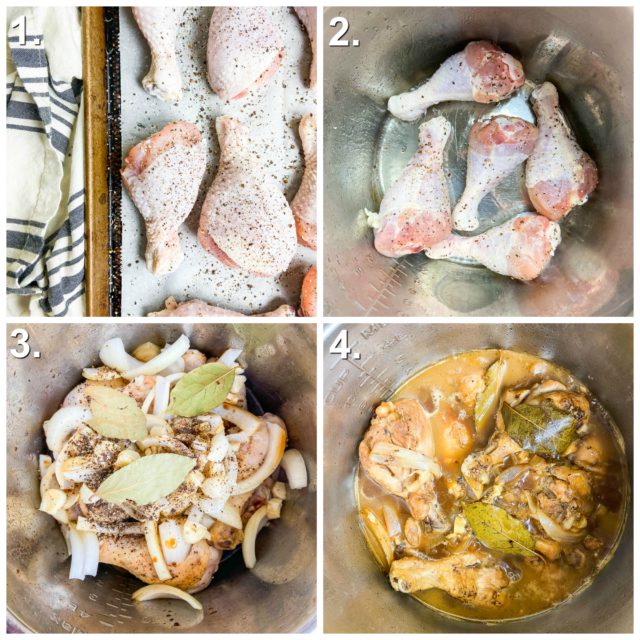 Step by step photos for how to make adobo. Seasoning chicken, browning chicken, adding ingredients to instant pot and chicken after cooking. 