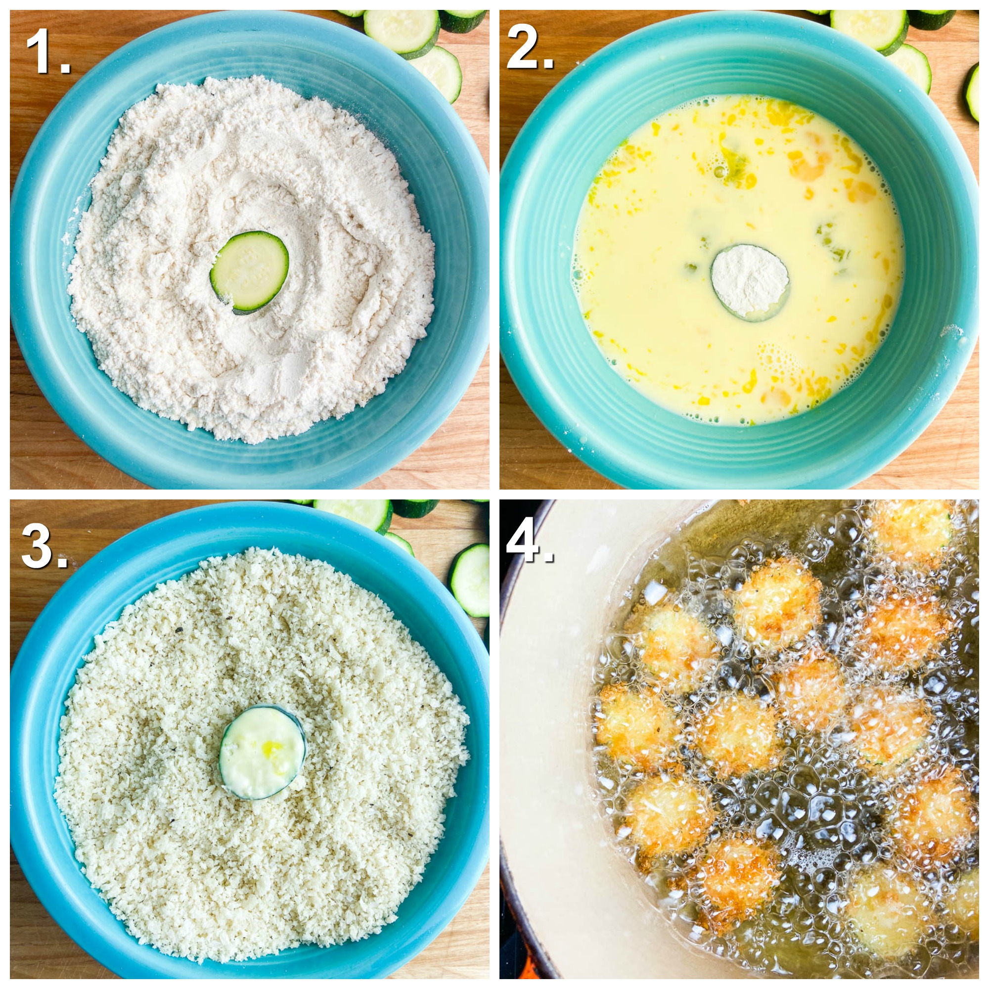 4 photos for how to make fried zucchini. Photo 1: dredging the zucchini round in flour in a teal bowl. Photo 2: Dipping the flour in egg/milk wash in teal bowl. Step 3: Dredging zucchini in panko bread crumbs in seasoned bowl. Step 4: Frying zucchini