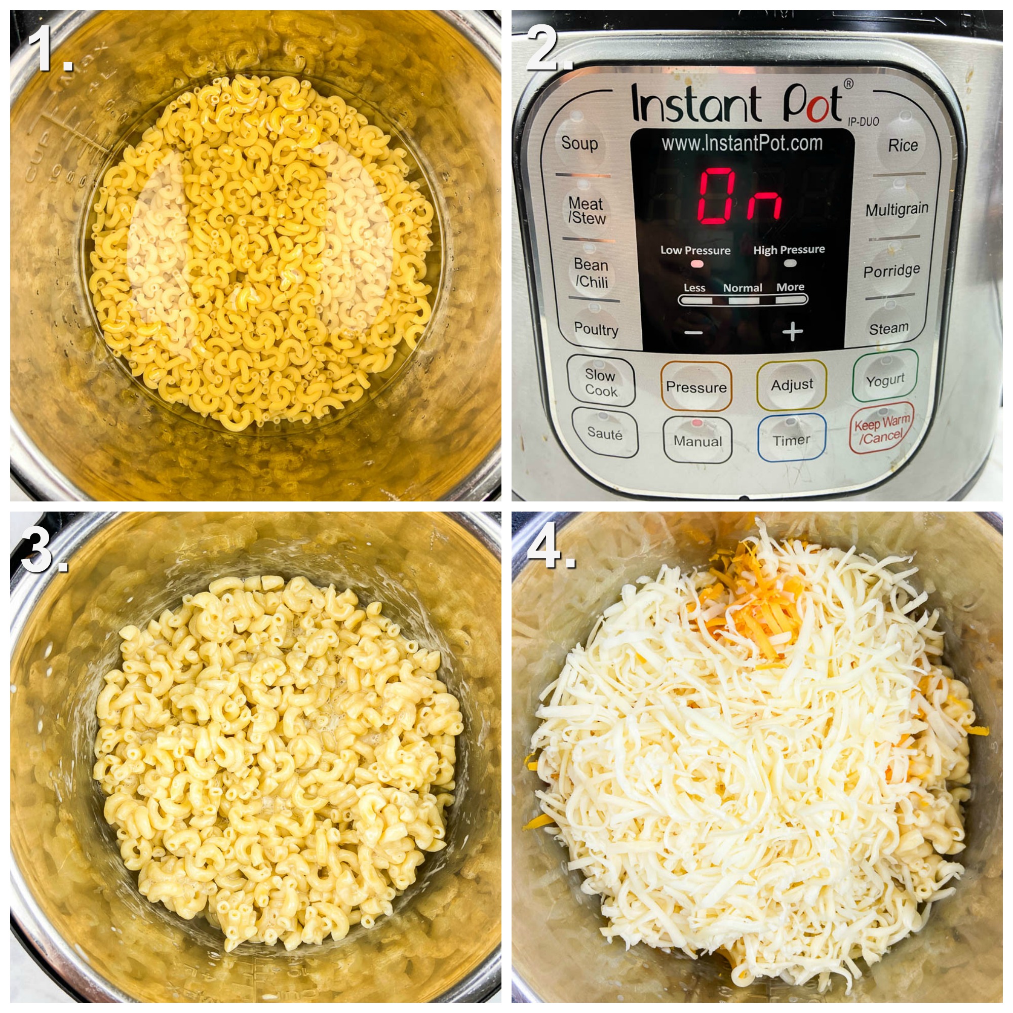 Step by Step Photos for how to make instant pot mac and cheese. Photo 1 cooking pasta in instant pot. Photo 2: Instant Pot on Photo 3: cooked macaroni Photo 4: Cheese on macaroni in instant pot 