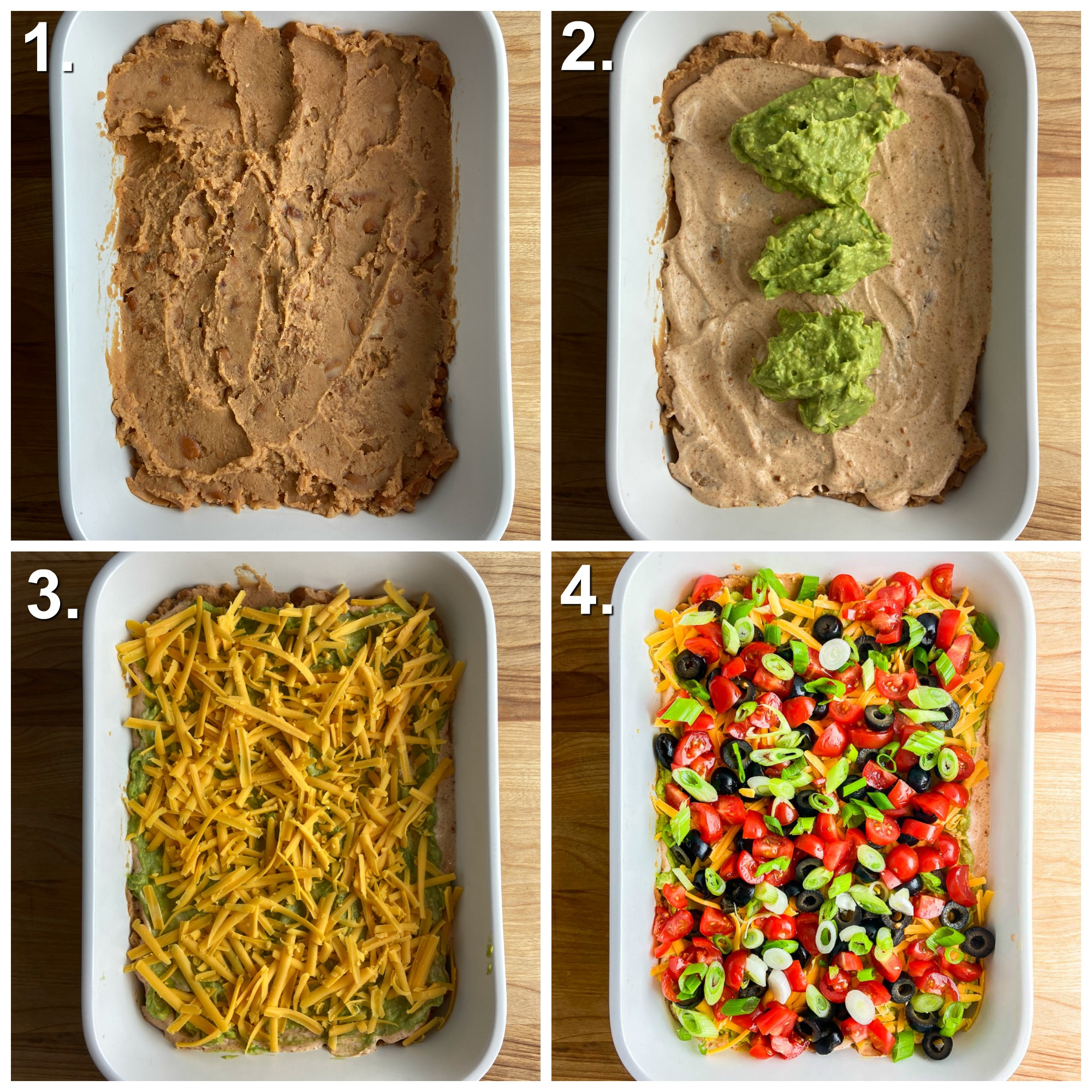 4 photos showing the different layers of seven layer dip in a white dish. 