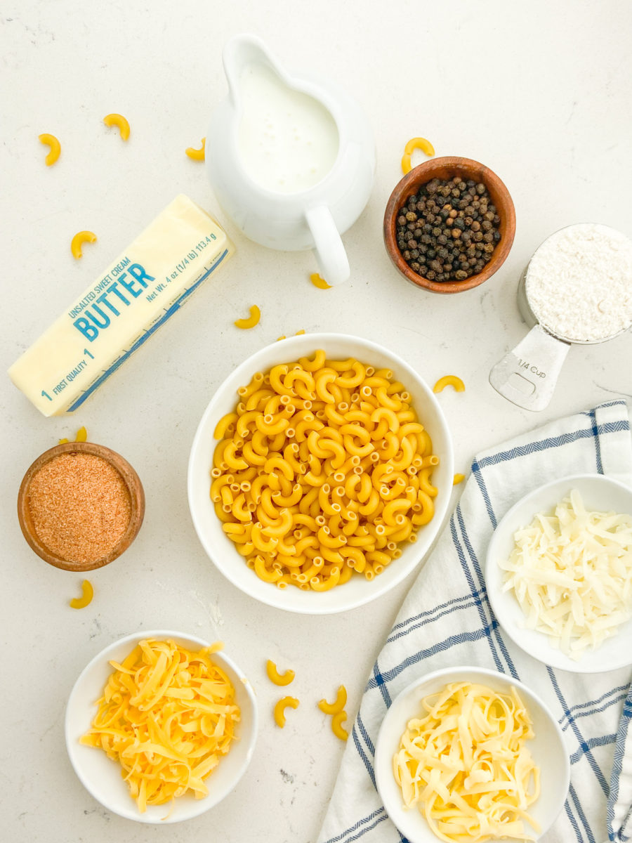 Stovetop mac and cheese ingredients.