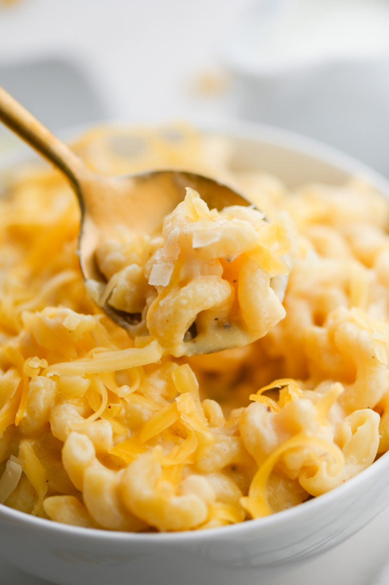 A spoonful of stovetop mac and cheese.