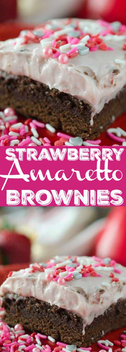 Decadent Strawberry Amaretto Brownies. A thick fudgy brownie topped with a delectable strawberry cream cheese frosting. 