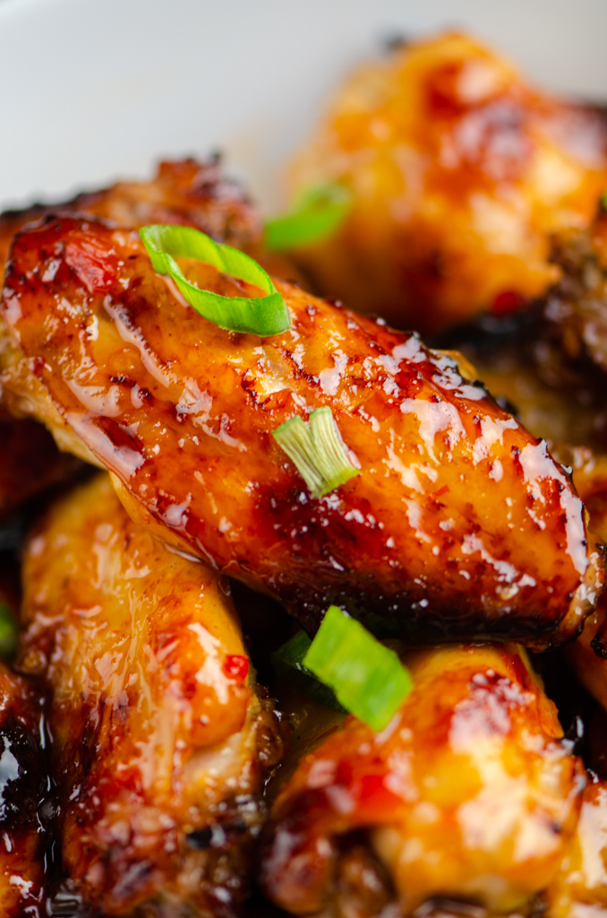 Close up photo of chili chicken wings. 